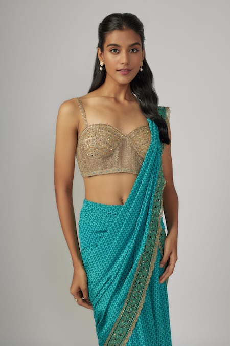 Buy Sandhya Shah Gold Crepe Beads, Embroidery Sweetheart Neck Blue Pre-draped Saree And Blouse Online at Aza Fashions Buy_Sandhya Shah_Gold Crepe Beads, Embroidery Sweetheart Neck Blue Pre-draped Saree And Blouse _Online_at_Aza_Fashions