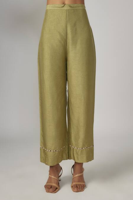 Buy Sandhya Shah Green Crepe, Silk Cut Work Split V-neck Printed Kurta And Pant Set Online at Aza Fashions Buy_Sandhya Shah_Green Crepe, Silk Cut Work Split V-neck Printed Kurta And Pant Set _Online_at_Aza_Fashions