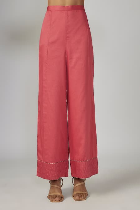 Sandhya Shah Pink Crepe, Denim, Silk Cut Work Split V-neck Printed Cutdana Tunic And Pant Set Online at Aza Fashions Sandhya Shah_Pink Crepe, Denim, Silk Cut Work Split V-neck Printed Cutdana Tunic And Pant Set _Online_at_Aza_Fashions