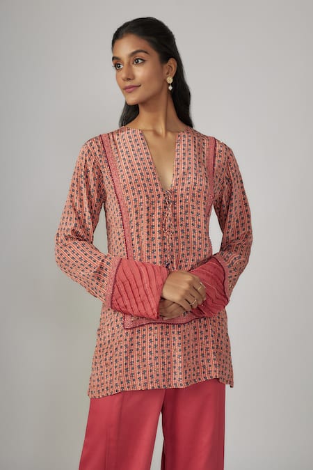 Buy Sandhya Shah Pink Crepe, Denim, Silk Cut Work Split V-neck Printed Cutdana Tunic And Pant Set Online at Aza Fashions Buy_Sandhya Shah_Pink Crepe, Denim, Silk Cut Work Split V-neck Printed Cutdana Tunic And Pant Set _Online_at_Aza_Fashions