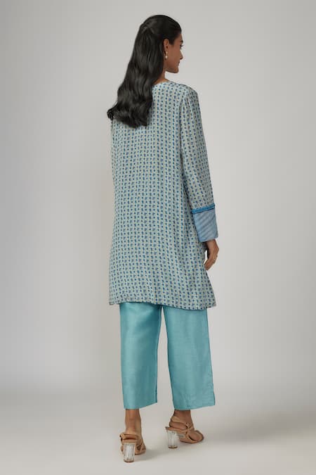 Shop Sandhya Shah Blue Crepe, Silk Cut Work Collared Printed Tunic And Pant Set at Aza Fashions Shop_Sandhya Shah_Blue Crepe, Silk Cut Work Collared Printed Tunic And Pant Set _at_Aza_Fashions