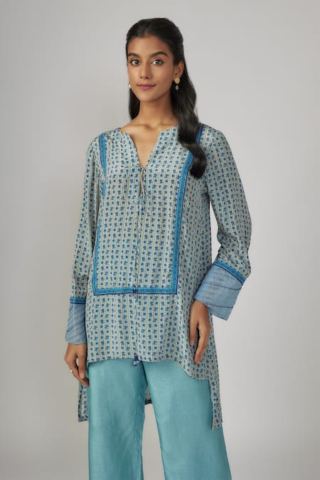 Sandhya Shah Blue Crepe, Silk Cut Work Collared Printed Tunic And Pant Set Online at Aza Fashions Sandhya Shah_Blue Crepe, Silk Cut Work Collared Printed Tunic And Pant Set _Online_at_Aza_Fashions