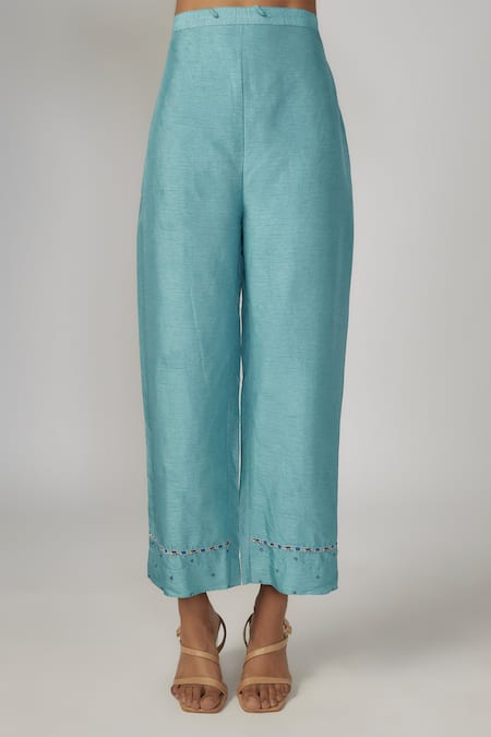 Buy Sandhya Shah Blue Crepe, Silk Cut Work Collared Printed Tunic And Pant Set Online at Aza Fashions Buy_Sandhya Shah_Blue Crepe, Silk Cut Work Collared Printed Tunic And Pant Set _Online_at_Aza_Fashions