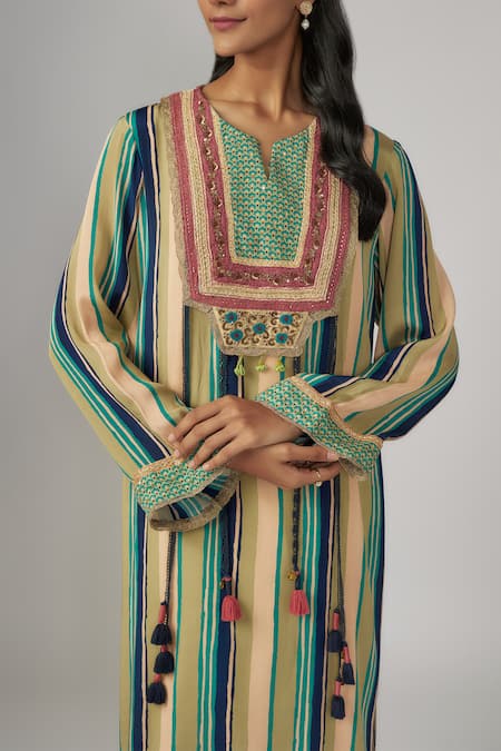 Sandhya Shah_Multi Color Crepe Tassels Split V-neck, Multicolored Embroidered Kurta Pant Set _Online_at_Aza_Fashions