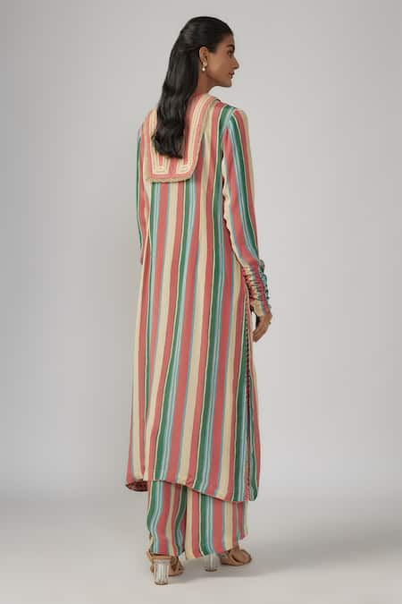 Sandhya Shah Multi Color Crepe Embroidered Thread Notched Mehar Stripe Pattern Kurta Pant Set  2