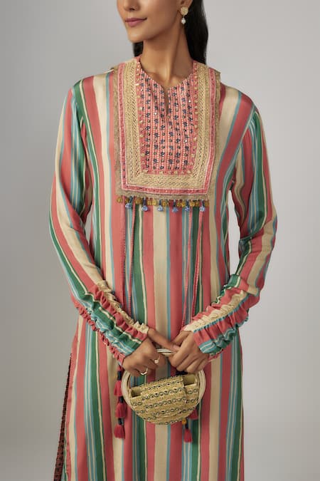 Sandhya Shah Multi Color Crepe Embroidered Thread Notched Mehar Stripe Pattern Kurta Pant Set  3