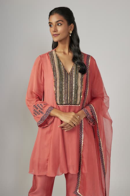 Sandhya Shah_Pink Organza, Chanderi, Crepe Sequins, Embroidery, Cut Work Kurta Pant Set _Online_at_Aza_Fashions