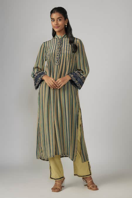 Sandhya Shah Stripe Pattern Embroidered Kurta & Pant Set 