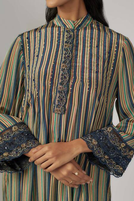 Sandhya Shah_Multi Color Crepe, Cotton, Silk Multicolored Stripe Embroidered Kurta Set _Online_at_Aza_Fashions