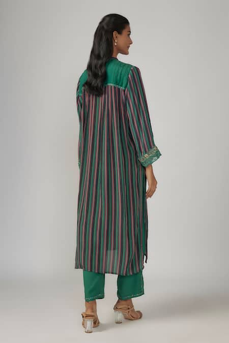 Sandhya Shah Green Stripe Embroidered Kurta & Pant Set 