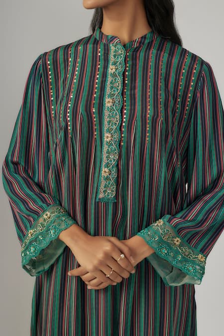 Sandhya Shah_Green Crepe, Cotton, Silk Pearls, Sequins Stripe Embroidered Kurta And Pant Set _Online_at_Aza_Fashions