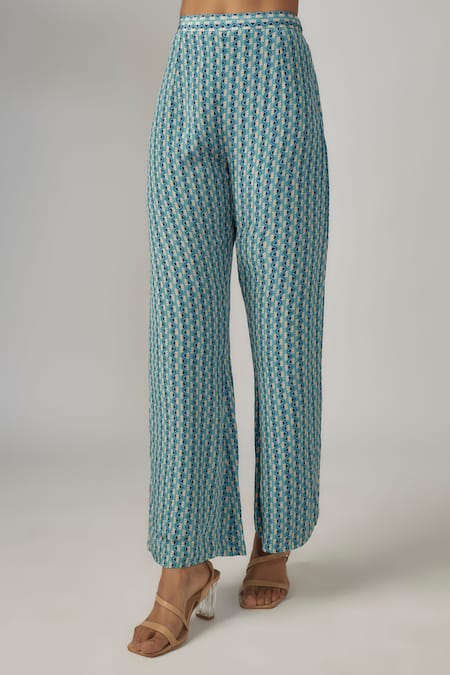 Sandhya Shah_Blue Organza, Crepe Beads, Cut Work, Embroidery Split V-neck Kurta Pant Set _Online_at_Aza_Fashions