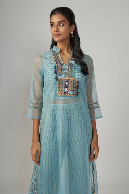Buy_Sandhya Shah_Blue Organza, Crepe Beads, Cut Work, Embroidery Split V-neck Kurta Pant Set _Online_at_Aza_Fashions