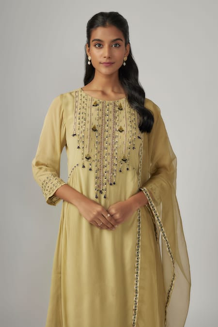 Buy_Sandhya Shah_Green Organza, Silk Pearls, Embroidery Round Neck Kurta Pant Set _Online_at_Aza_Fashions