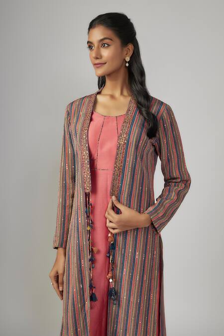 Sandhya Shah_Pink Chanderi, Crepe Sequins, Beads Open Neck, Round Embroidered Jacket Pant Set _Online_at_Aza_Fashions