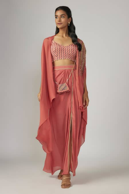 Sandhya Shah Ajia Open Embroidered Cape Skirt Set 