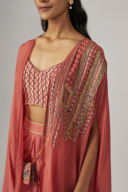 Sandhya Shah_Pink Crepe Beads, Cut Work, Embroidery Round Neck Cape Skirt Set _Online_at_Aza_Fashions