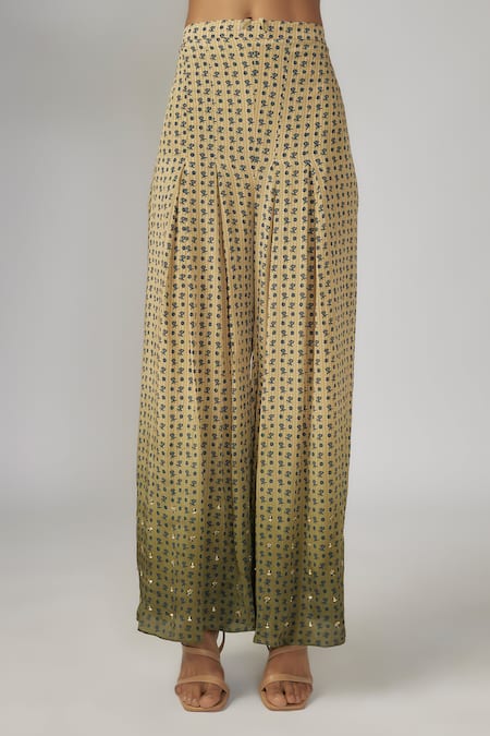 Sandhya Shah_Green Chanderi, Crepe Sequins, Beads Sweetheart Asymmetric Cape Flared Pant Set _Online_at_Aza_Fashions