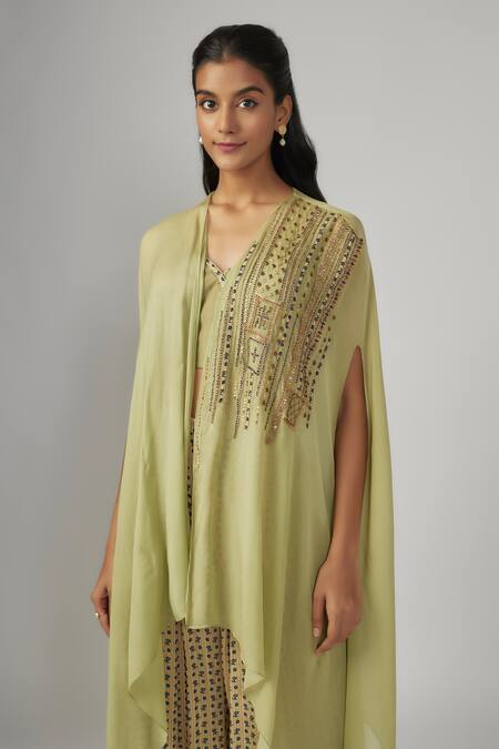 Buy_Sandhya Shah_Green Chanderi, Crepe Sequins, Beads Sweetheart Asymmetric Cape Flared Pant Set _Online_at_Aza_Fashions
