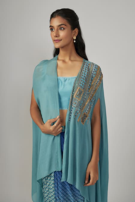 Sandhya Shah_Blue Chanderi, Crepe Beads Round Neck Embroidered Cape Skirt Set _Online_at_Aza_Fashions
