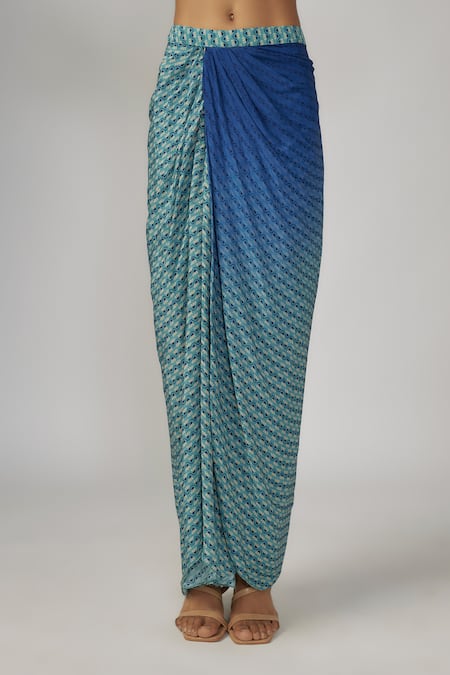 Buy_Sandhya Shah_Blue Chanderi, Crepe Beads Round Neck Embroidered Cape Skirt Set _Online_at_Aza_Fashions