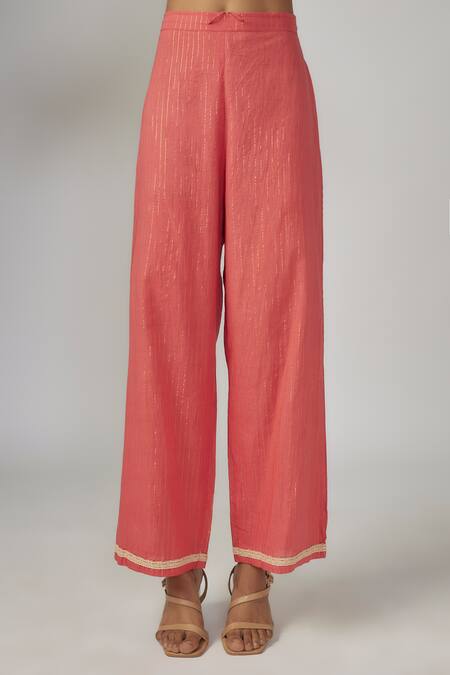 Buy_Sandhya Shah_Pink Cotton, Organza Cut Work Round Neck Cutdana Embroidered Kurta Pant Set _Online_at_Aza_Fashions
