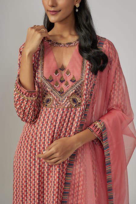 Sandhya Shah_Pink Organza, Crepe, Silk Beads, Sequins, Cut Work Mirror Embroidered Kurta Set _Online_at_Aza_Fashions