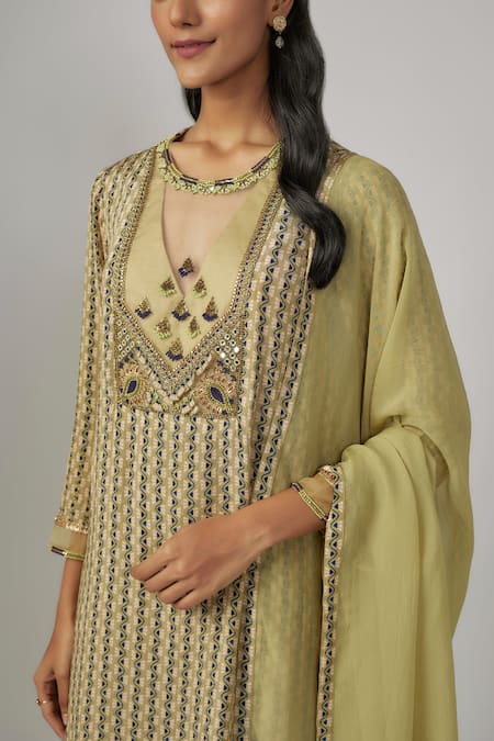 Sandhya Shah_Green Organza, Crepe, Silk Cut Work, Beads, Embroidered Yoke Kurta Pant Set _Online_at_Aza_Fashions