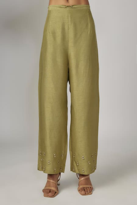 Buy_Sandhya Shah_Green Organza, Crepe, Silk Cut Work, Beads, Embroidered Yoke Kurta Pant Set _Online_at_Aza_Fashions