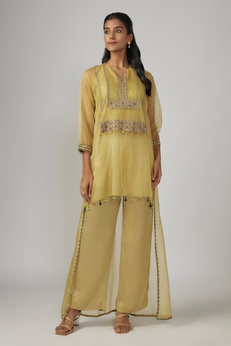 Sandhya Shah Indi High Low Embroidered Kurta Pant Set 