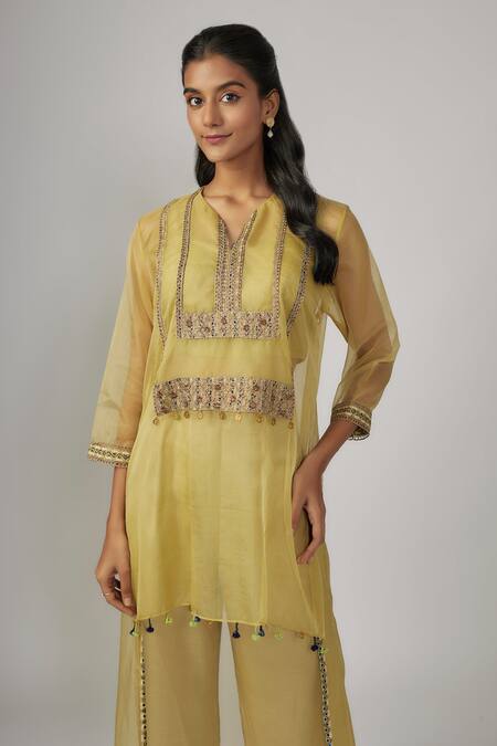Sandhya Shah_Green Organza, Silk Cut Work, Tassels, Embroidery Split Sheer Kurta Pant Set _Online_at_Aza_Fashions