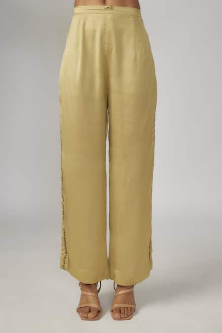 Buy_Sandhya Shah_Green Organza, Silk Cut Work, Tassels, Embroidery Split Sheer Kurta Pant Set _Online_at_Aza_Fashions