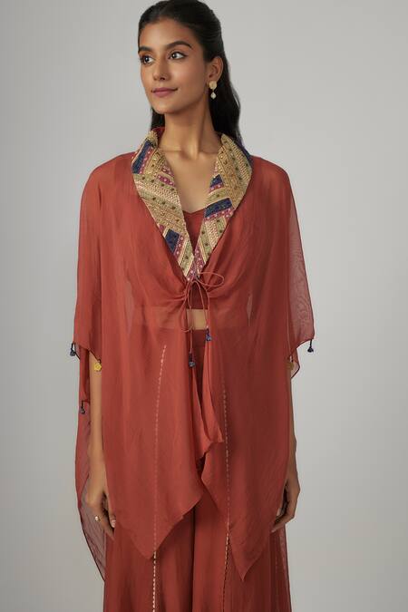 Buy_Sandhya Shah_Red Organza, Cotton Sequins, Beads Sweetheart Neck Embroidered Cape Sharara Set _Online_at_Aza_Fashions