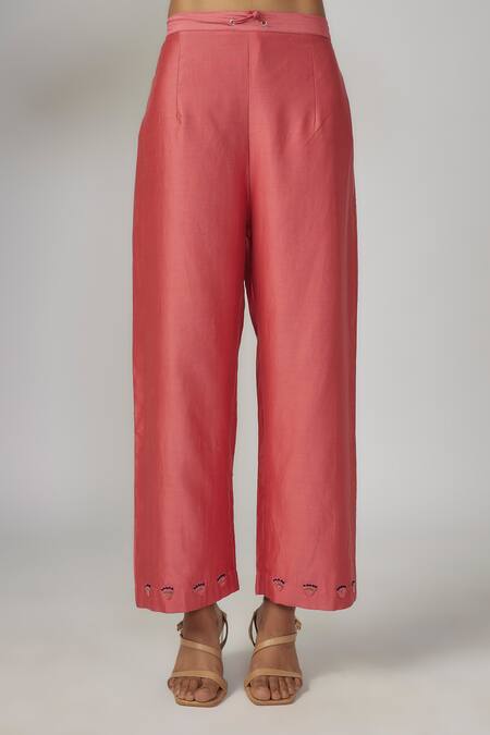 Buy_Sandhya Shah_Pink Chanderi Sequins, Beads, Embroidery Collared Tunic And Pant Set _Online_at_Aza_Fashions