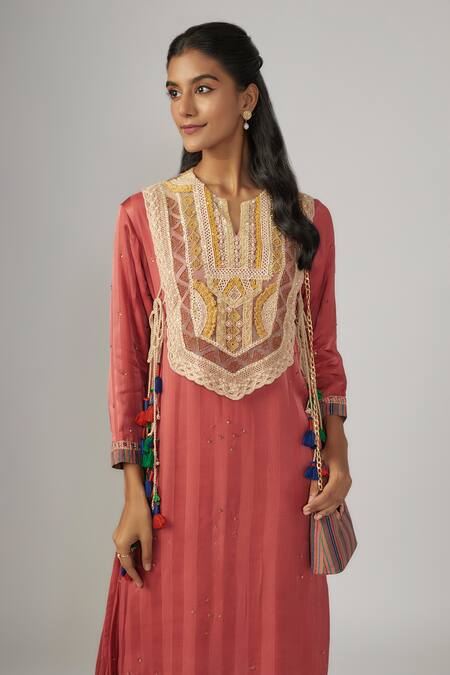 Sandhya Shah_Pink Crepe Lace, Pearls, Embroidery, Sequins Collared, Split Kurta And Palazzo Set _Online_at_Aza_Fashions