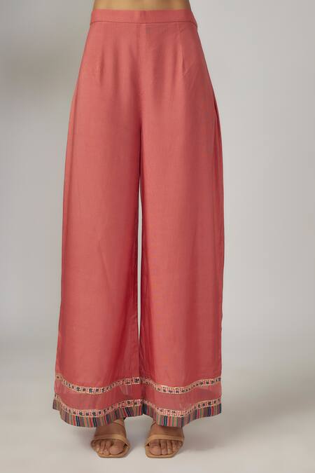 Buy_Sandhya Shah_Pink Crepe Lace, Pearls, Embroidery, Sequins Collared, Split Kurta And Palazzo Set _Online_at_Aza_Fashions