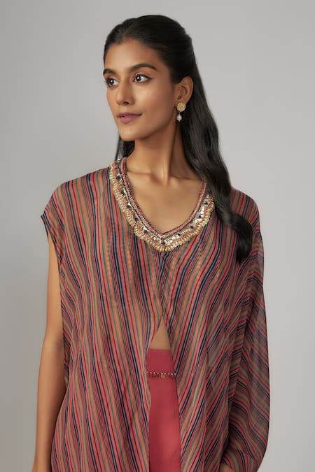 Sandhya Shah_Pink Organza, Crepe Sequins, Beads, Embroidery V-neck Cape Pant Set _Online_at_Aza_Fashions