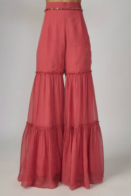 Buy_Sandhya Shah_Pink Organza, Crepe Sequins, Beads, Embroidery V-neck Cape Pant Set _Online_at_Aza_Fashions