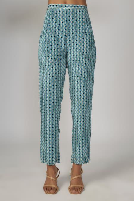 Sandhya Shah_Blue Chanderi, Crepe Embroidery V-neck Cutwork Kurta And Pant Set _Online_at_Aza_Fashions