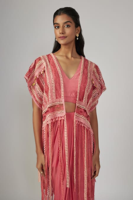 Sandhya Shah_Pink Cotton, Silk Lace V-, Open Work Jacket And Skirt Set _Online_at_Aza_Fashions