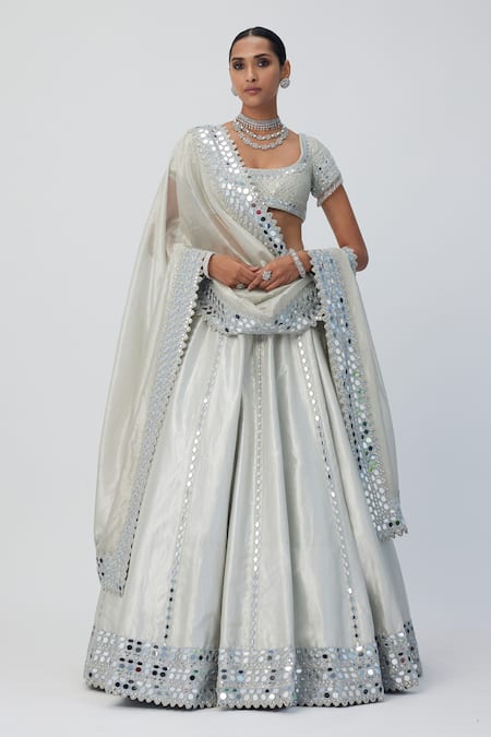 Vvani by Vani Vats Silver Banarasi Shimmer Organza Embroidery Mirror Scoop Neck Lehenga Set 