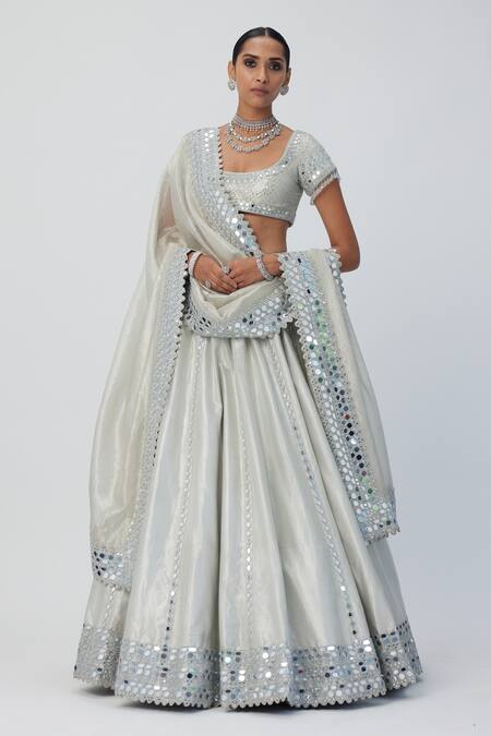 Vvani By Vani Vats Silver Organza, Silk Mirrors, Embroidery Scoop Neck Lehenga Set Online at Aza Fashions Vvani By Vani Vats_Silver Organza, Silk Mirrors, Embroidery Scoop Neck Lehenga Set_Online_at_Aza_Fashions