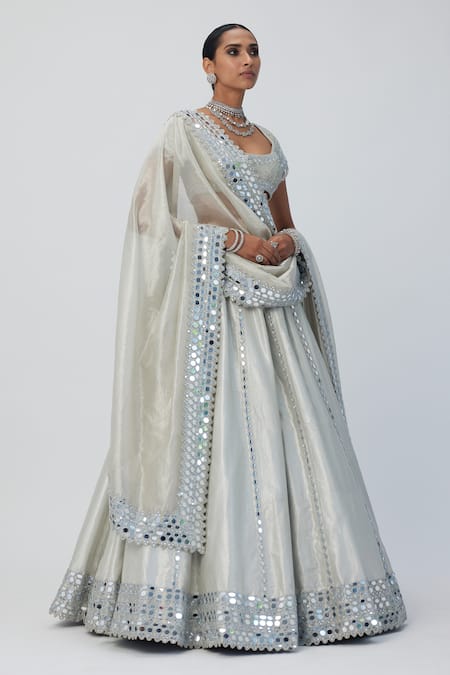 Buy Vvani By Vani Vats Silver Organza, Silk Mirrors, Embroidery Scoop Neck Lehenga Set Online at Aza Fashions Buy_Vvani By Vani Vats_Silver Organza, Silk Mirrors, Embroidery Scoop Neck Lehenga Set_Online_at_Aza_Fashions