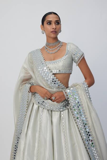 Shop Vvani By Vani Vats Silver Organza, Silk Mirrors, Embroidery Scoop Neck Lehenga Set Online at Aza Fashions Shop_Vvani By Vani Vats_Silver Organza, Silk Mirrors, Embroidery Scoop Neck Lehenga Set_Online_at_Aza_Fashions