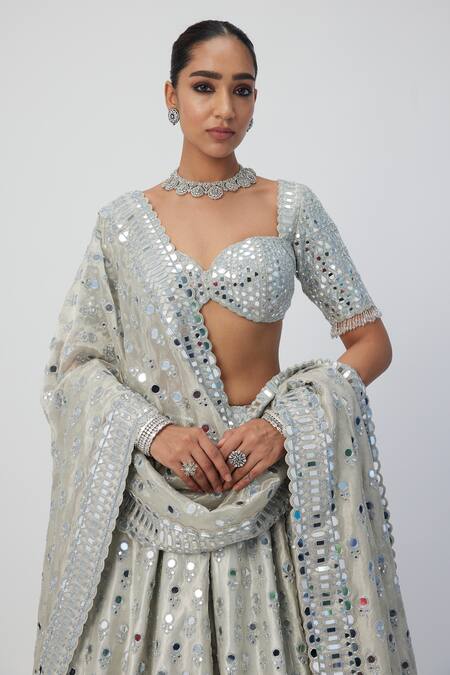Vvani By Vani Vats Silver Organza, Silk Embroidery, Sequins, Crystals, Mirrors, Cut Lehenga Set Online at Aza Fashions Vvani By Vani Vats_Silver Organza, Silk Embroidery, Sequins, Crystals, Mirrors, Cut Lehenga Set_Online_at_Aza_Fashions