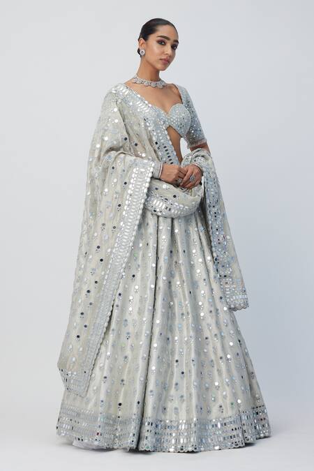 Buy Vvani By Vani Vats Silver Organza, Silk Embroidery, Sequins, Crystals, Mirrors, Cut Lehenga Set Online at Aza Fashions Buy_Vvani By Vani Vats_Silver Organza, Silk Embroidery, Sequins, Crystals, Mirrors, Cut Lehenga Set_Online_at_Aza_Fashions