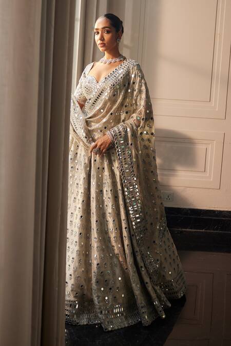 Vvani By Vani Vats Silver Organza, Silk Embroidery, Sequins, Crystals, Mirrors, Cut Lehenga Set at Aza Fashions Vvani By Vani Vats_Silver Organza, Silk Embroidery, Sequins, Crystals, Mirrors, Cut Lehenga Set_at_Aza_Fashions