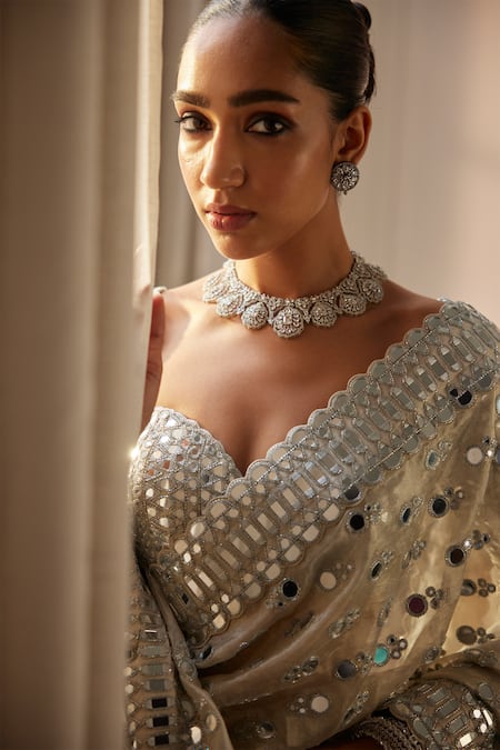 Shop Vvani By Vani Vats Silver Organza, Silk Embroidery, Sequins, Crystals, Mirrors, Cut Lehenga Set Shop_Vvani By Vani Vats_Silver Organza, Silk Embroidery, Sequins, Crystals, Mirrors, Cut Lehenga Set