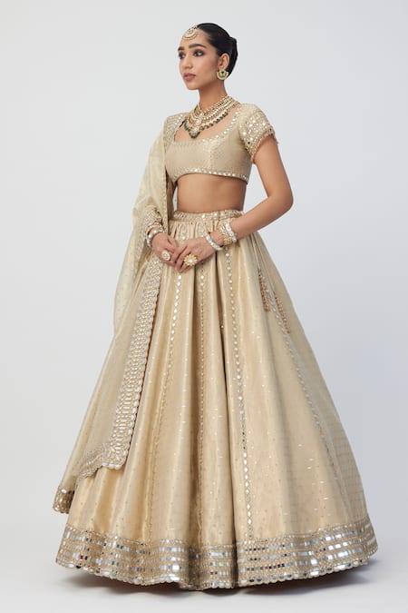 Vvani By Vani Vats_Gold Organza Mirrors, Cut Work Scoop Neck Embroidered Lehenga Set_Online_at_Aza_Fashions