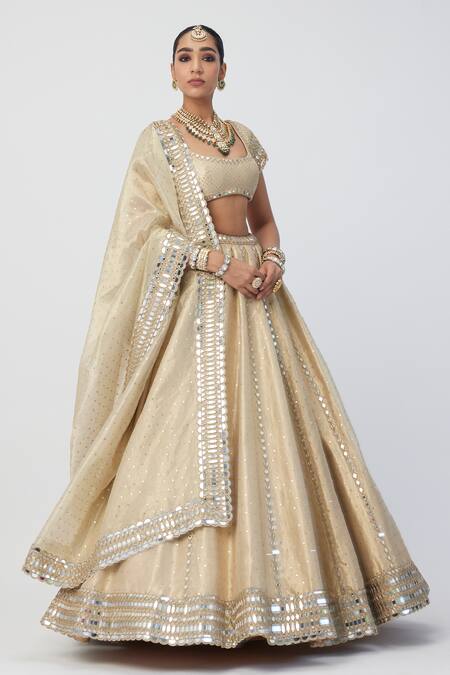 Buy_Vvani By Vani Vats_Gold Organza Mirrors, Cut Work Scoop Neck Embroidered Lehenga Set_Online_at_Aza_Fashions